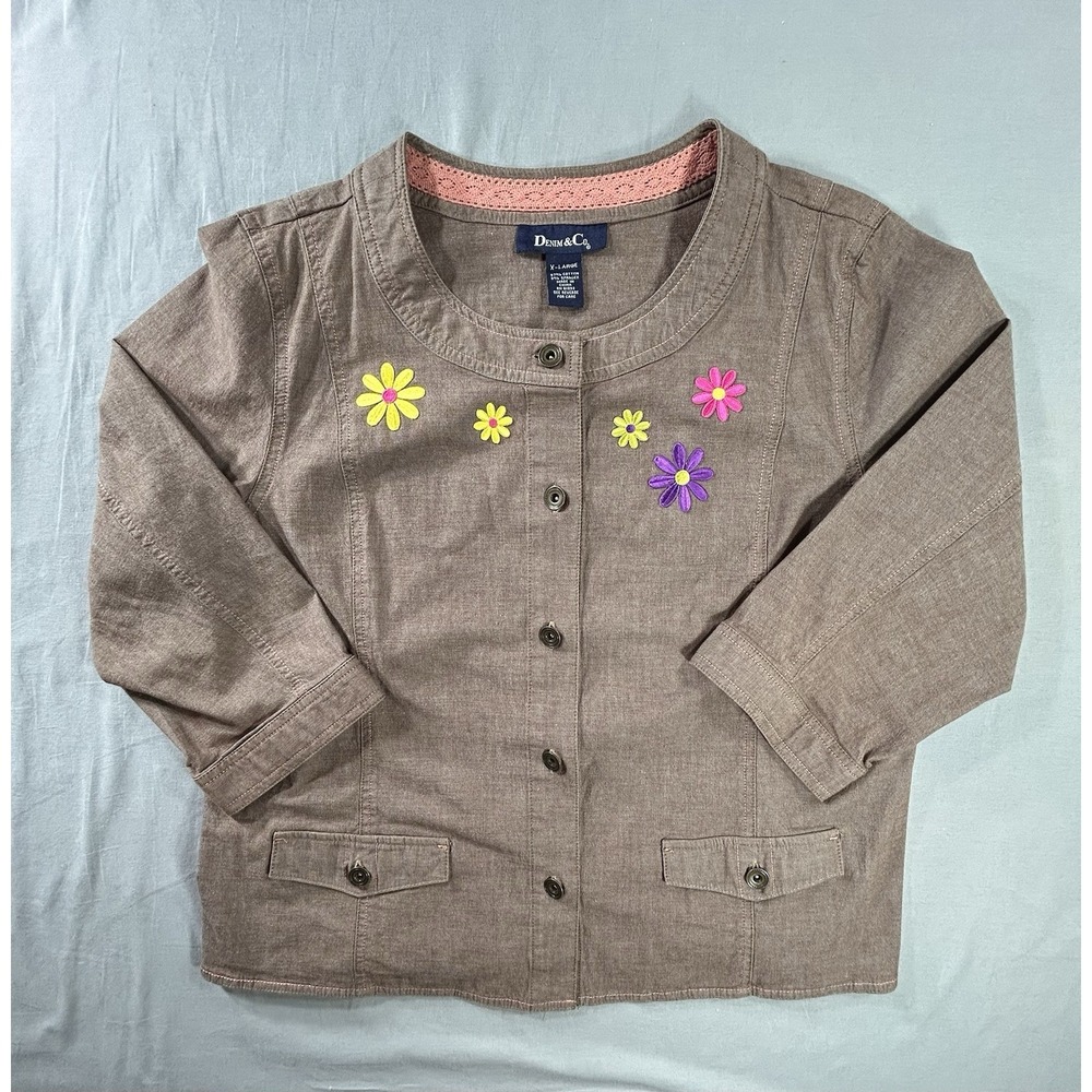 Denim & Co. Jacket Brown Women's XL Embroidered Flowers Mandarin Collar